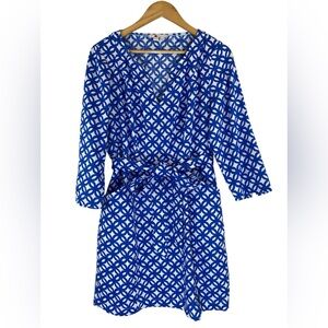 Boden Women’s Size 12P Blue 3/4 Sleeve 100% Linen Tie Waist V-Neck Dress